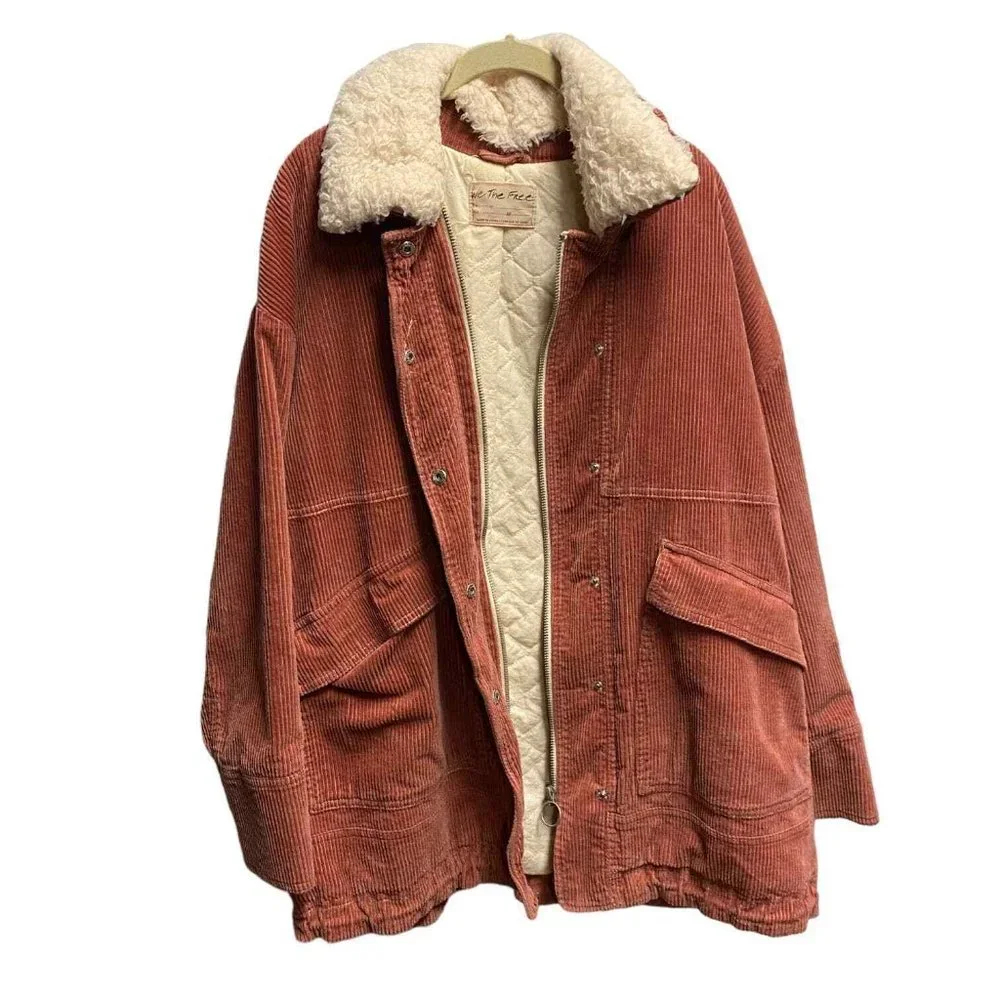 FREE PEOPLE Pink Blush Jacket Corduroy Coat Medium Lust for Life Sherpa ASoTV